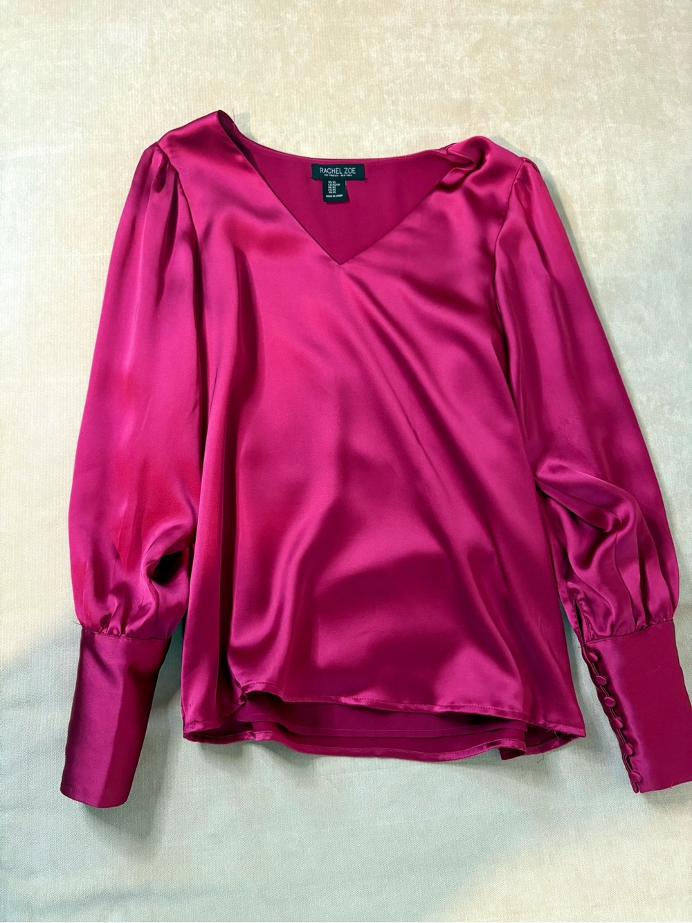 Rachel Zoe Fuchsia Satin V-Neck Puff Sleeve Blouse